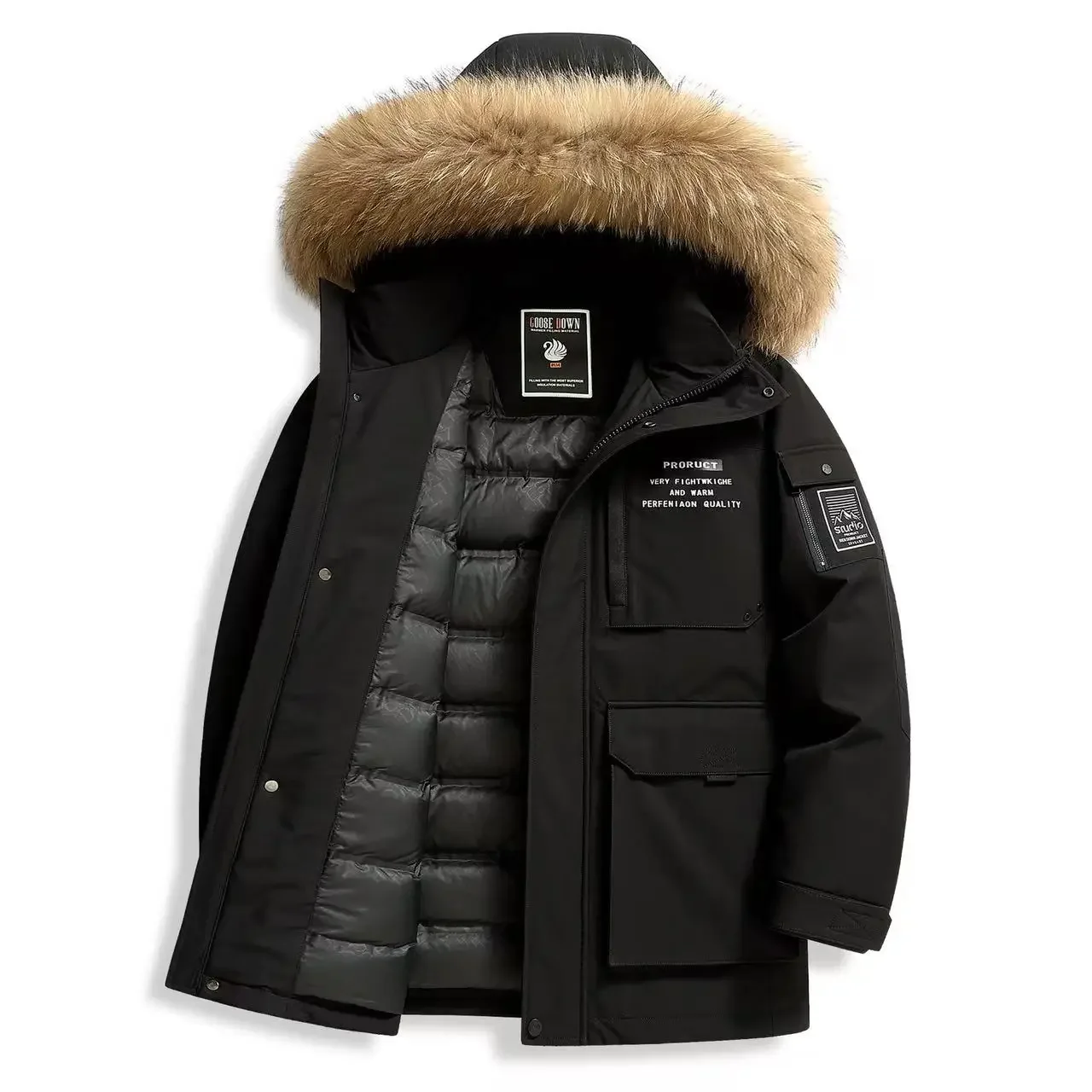 Winter New Men's Down Jacket Coat Raccoon Cat Hair Collar National Standard Goose Down Thickened Warm Outdoor Cold Proof Coat