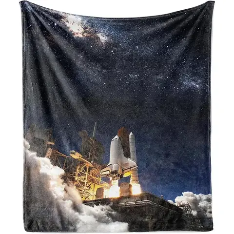 Space Shuttle Launch Coperta da tiro con notte stellata galassia, maglia di flanella contemporanea, arredamento morbido per divano in poliestere, fotografia di astronauta