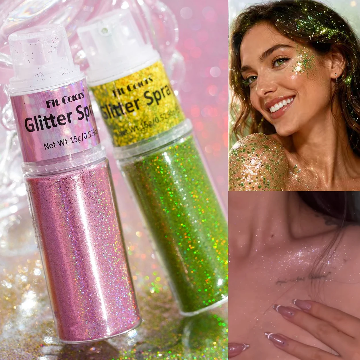 Glitter Spray Face & Body Highlighter Loose Powder Fairy High Gloss Cosmetic Hair Glitter Festival Makeup for Christmas Party
