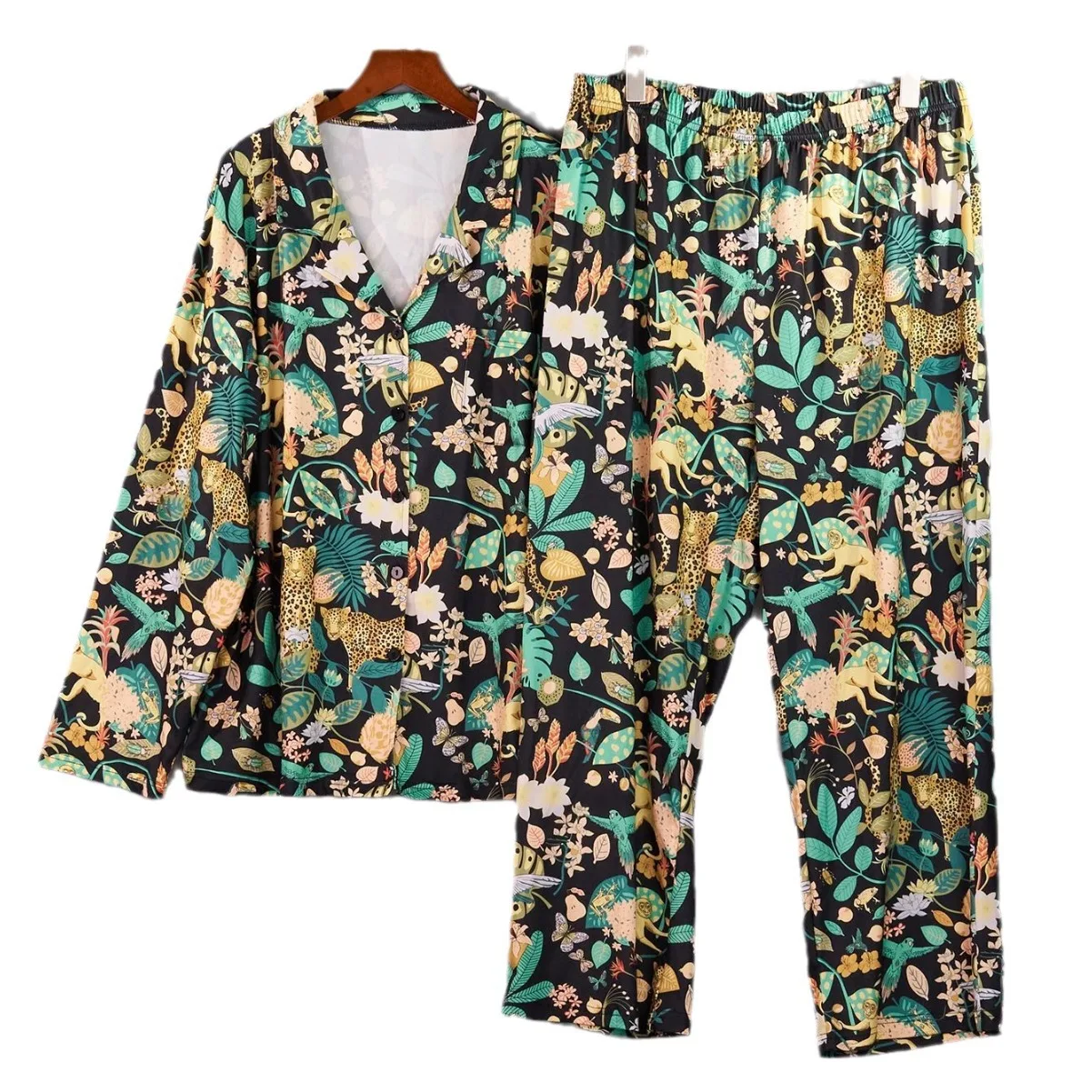 Big Size 3Xl 4Xl 5Xl Pajamas Set Women Print Tiger Shirt&pants Summer Autumn New 2Pcs Pjs Lady Milk Silk Home Clothing Nightwear