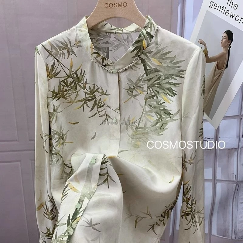 

2024 chinese improvd modern bamboo printed tang suit blouse long sleeve elegant stand collar long sleeve women daily shirt w596