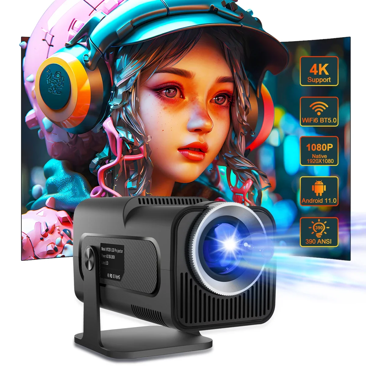 

Hot sell 4K smart projector Android 11 Native portable Projectors 390ANSI HY320 Dual Wifi6 BT5.0 1920*1080P Home Cinema Beamer