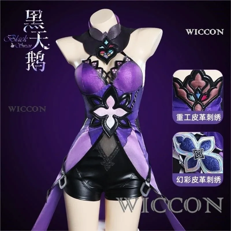 Qq45Honkai Star Rail Black Swan Kostum Cosplay Wig Gaun Ungu Seragam Hiasan Kepala Taman Kenangan Pesta Halloween untuk Wanita