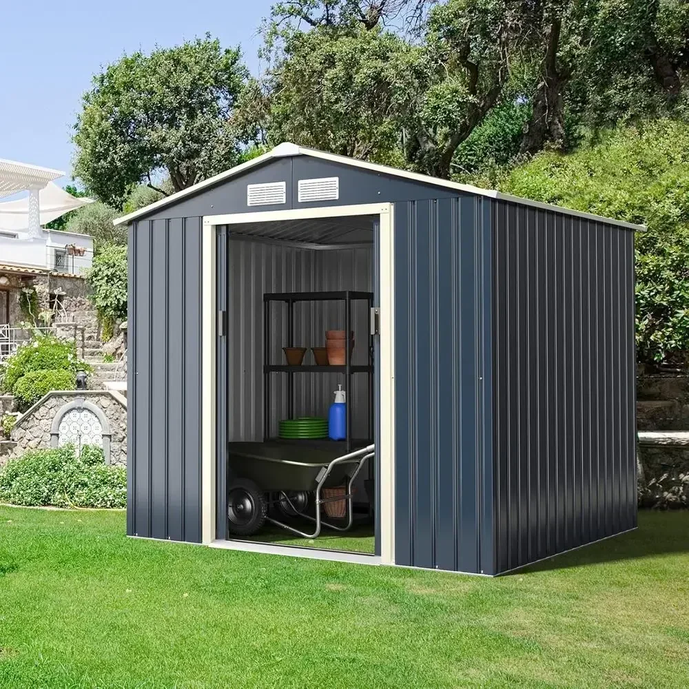 7x6 ft Metal Outdoor Storage Shed with 4 Vents and Double Sliding Doors for Garden, Patio, and Lawn