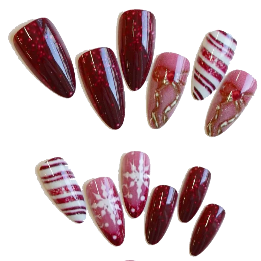 24 個レッドメリークリスマス再利用可能なプレスオンネイルフェイクネイルリボンスノーフレークちょう結びグリッターネイルアートマニキュア