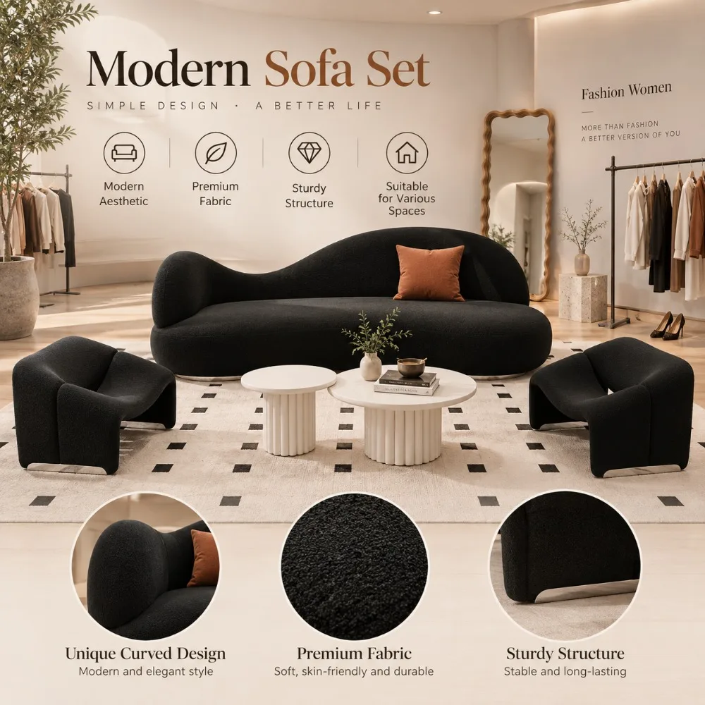 Nordic Minimalist Curved Velvet 3‑Seater Sofa Set Sponge Filled Furniture for Apartment Hotel Support OEM Custom From Factory