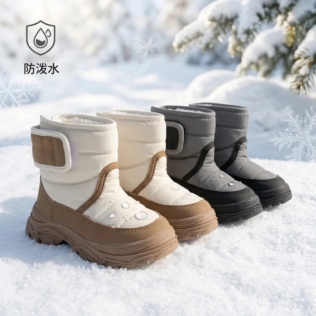 Winter Children's Snow Boots Thick-Soled Shoes with Velcro Easy-On-Off Feature Plush Lining Cotton Material for Kids