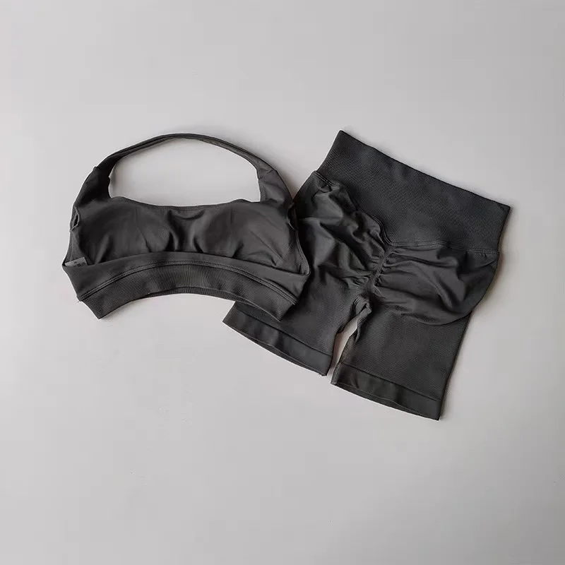 Damen 2-teiliges Set: Push-Up-Sport-BH mit Polsterung und Yoga-Shorts, schnelltrocknend, für Fitness, Training, Pilates, Sportliches Yoga-Top – Detail 18