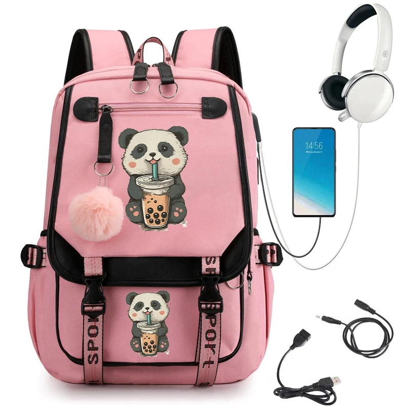 

Kawaii School Bag Little Panda Drinking Boba Print School Backpack Students Cartoon School Bag Usb Bookbag Teenager Bagpack