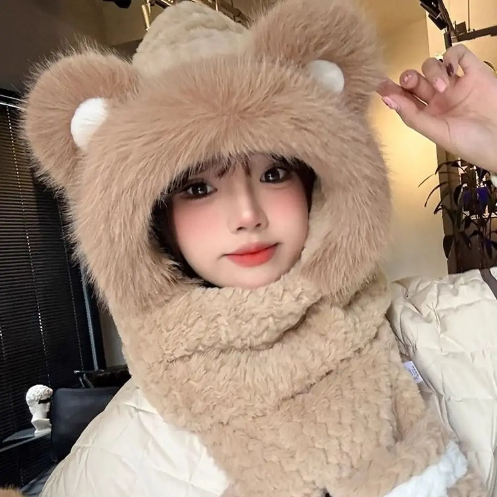 High-Value Bear Protection Hat Soft Plush Pullover Integrated Cap Gloves Scarf Windproof Thickened Design Ear Protection Hat