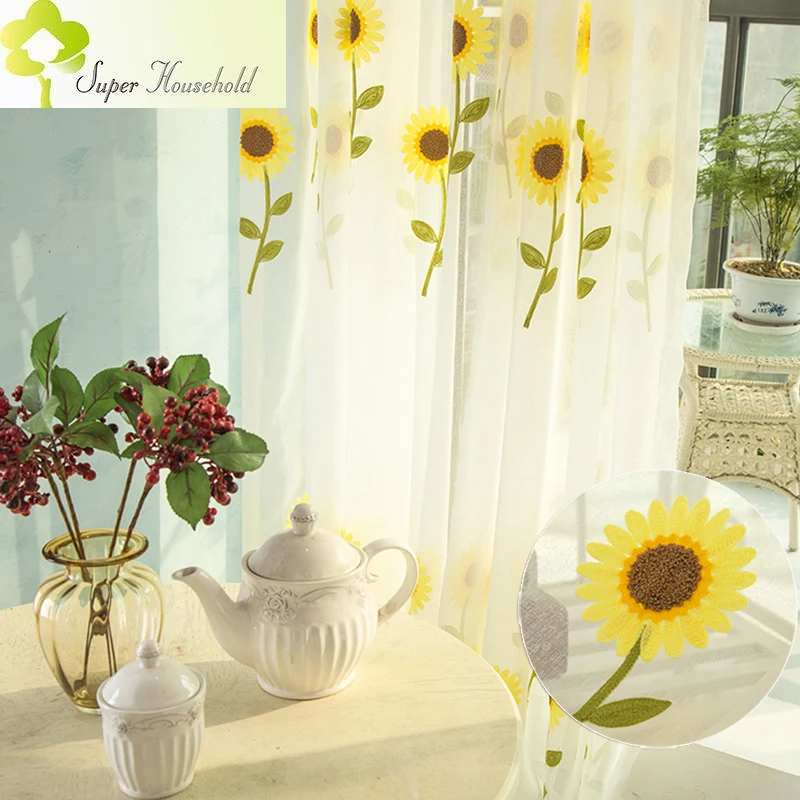 

2018 New Sunflower Curtains for Living Room Tulle Window Screening Embroidered Sheer Curtains For Bedroom Chinese Curtains