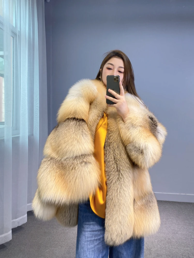 2023 New Style  Luxury Winter Natural Fox Fur Coats  for Women Fancy Fasion Kpop Gril\'s Snow Real Thick Gold Island Fox Jacket