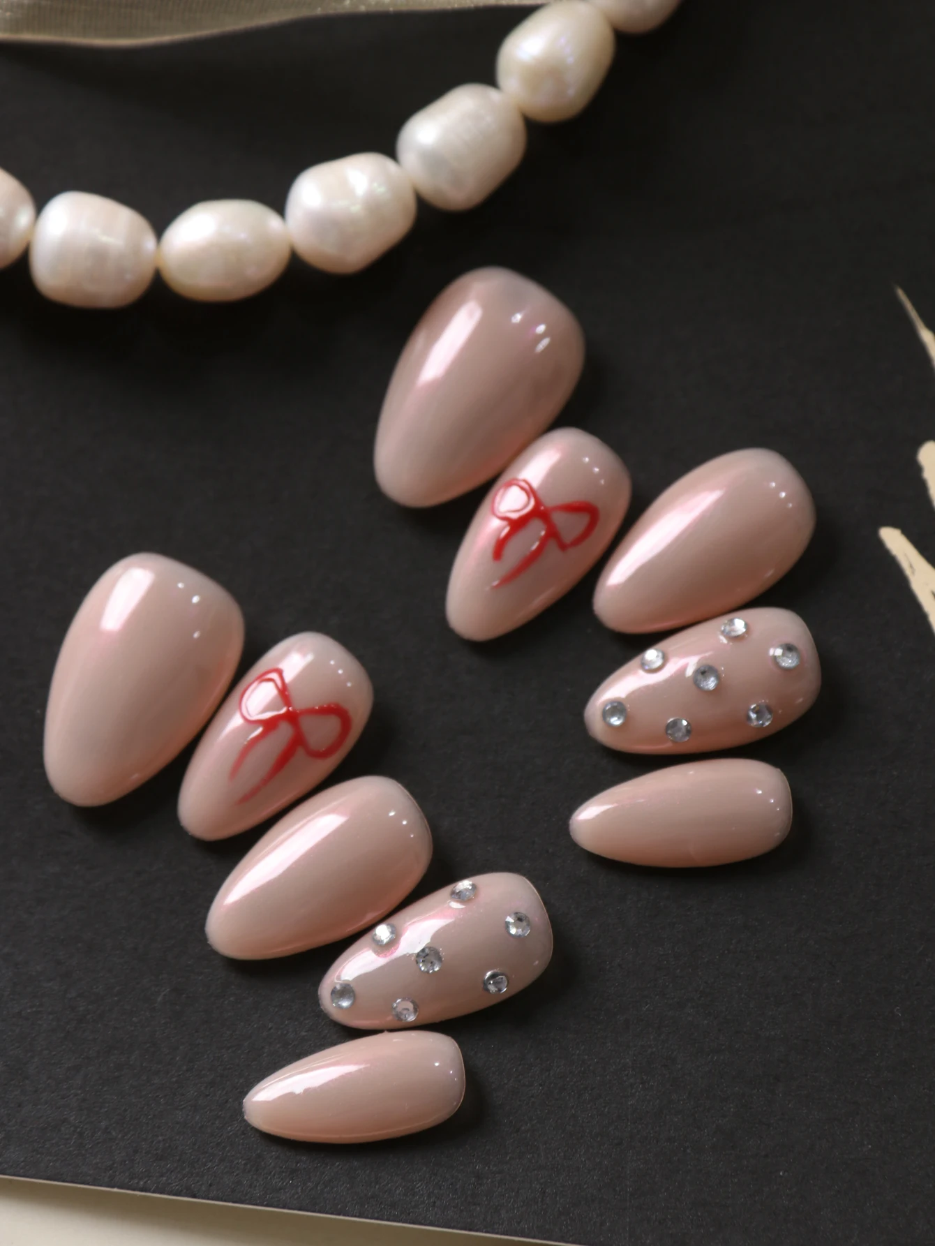 10Pcs Acrylic Press on Nails Skin Color Flash Diamond Bow Fake Nails Includes 1 Sheet of Adhesive Tabs & 1 Pc Mini File