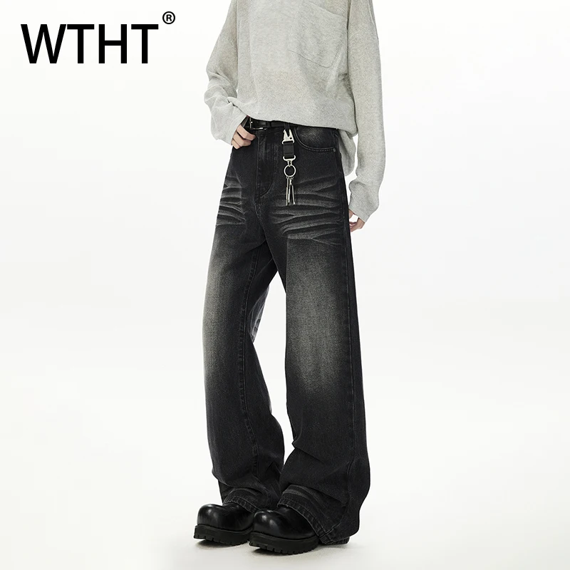 

WTHT Fashion Men's Gradient Texture High Street Denim Pants Trendy American Style Straight Wide Leg Jean Male 2025 Autumn 2A1513