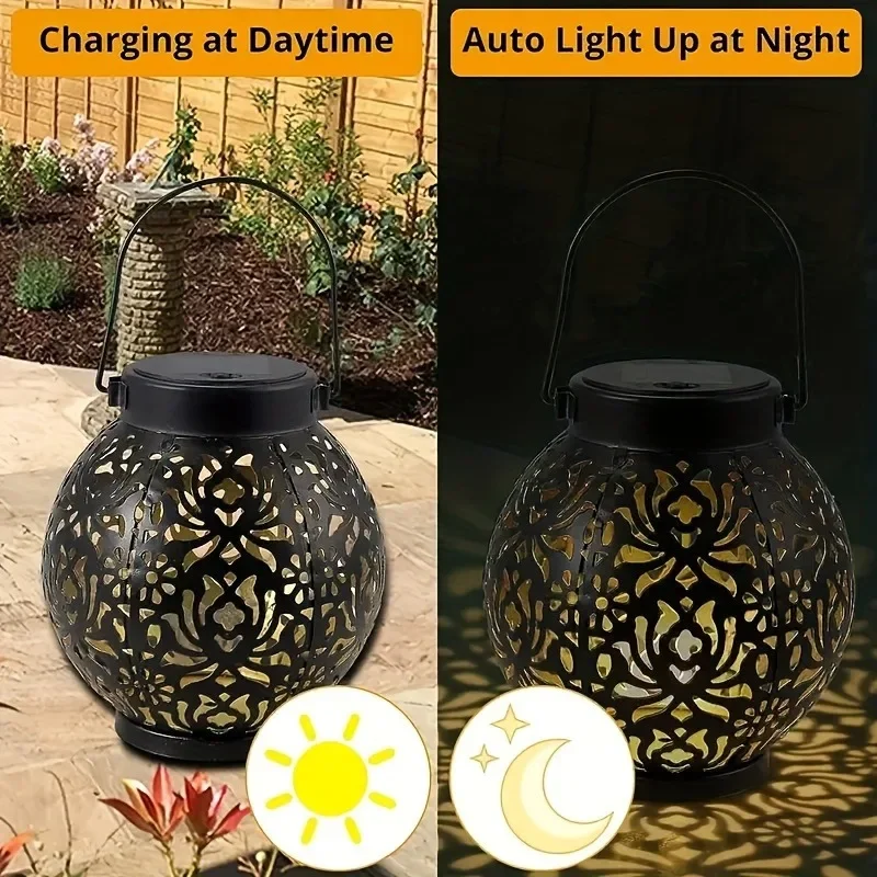 Outdoor Solar Hanging Lantern. LED Metal. Hollow Shadow Projection. Waterproof. For Garden, Patio, Courtyard, Lawn, Tabletop.