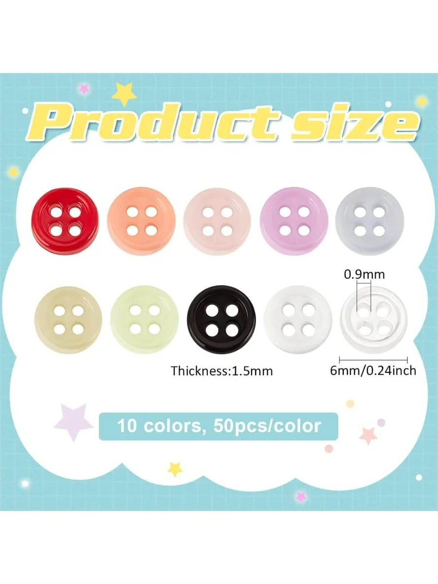 500PCS 6mm Mini Sewing Buttons 10 Colors Include 4 Holes Small Resin Round Buttons Tiny Manual Button Micro Nylon Button for DIY