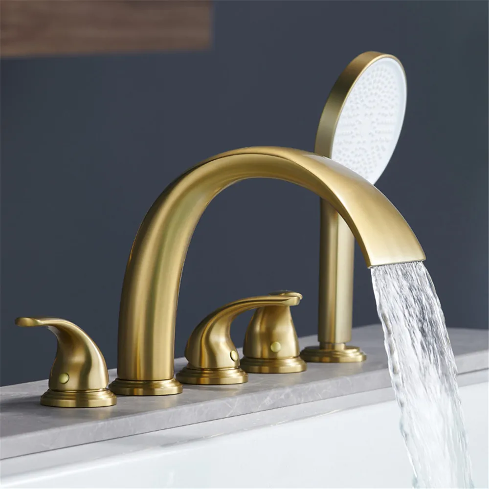 Rose Gold Bathtub Faucet Set Widespread Tub Sink Mixer Tap Brass Brushed Gold Bathroom Bath Shower Faucet with Hand Shower Head