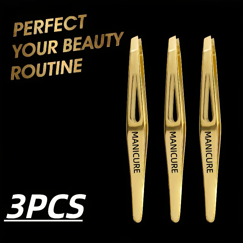 1/3Pcs Gold Flat‑Tip Eyebrow Tweezers Set Stainless Steel Tight‑Bite Tweezers for Eyebrow Shaping Fine Hair Removal