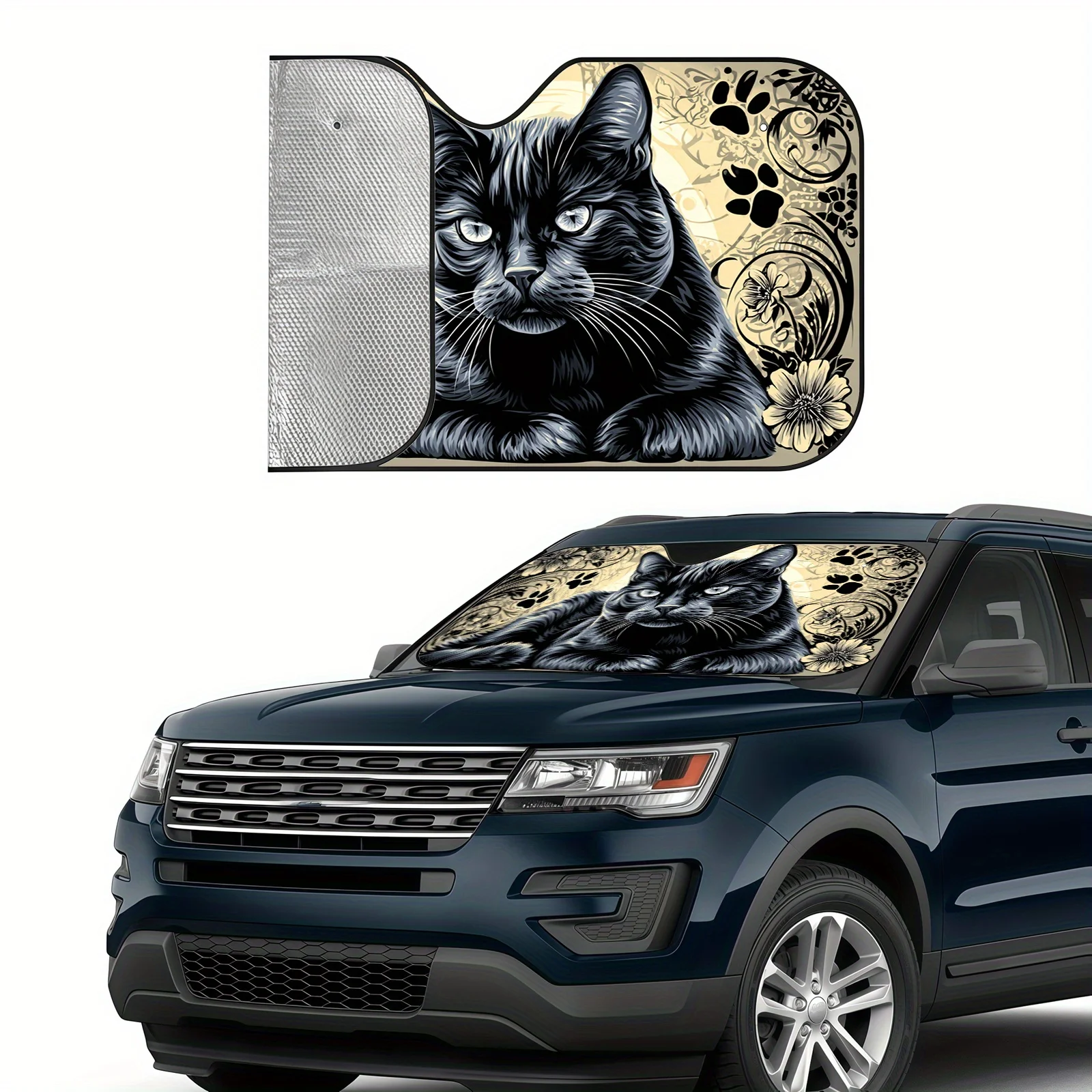 Artistic Black Cat Car Sunshade With Vintage Pattern, Heat-Resistant And Temperature-Stabilizing Design, Includes Adhesive Acces