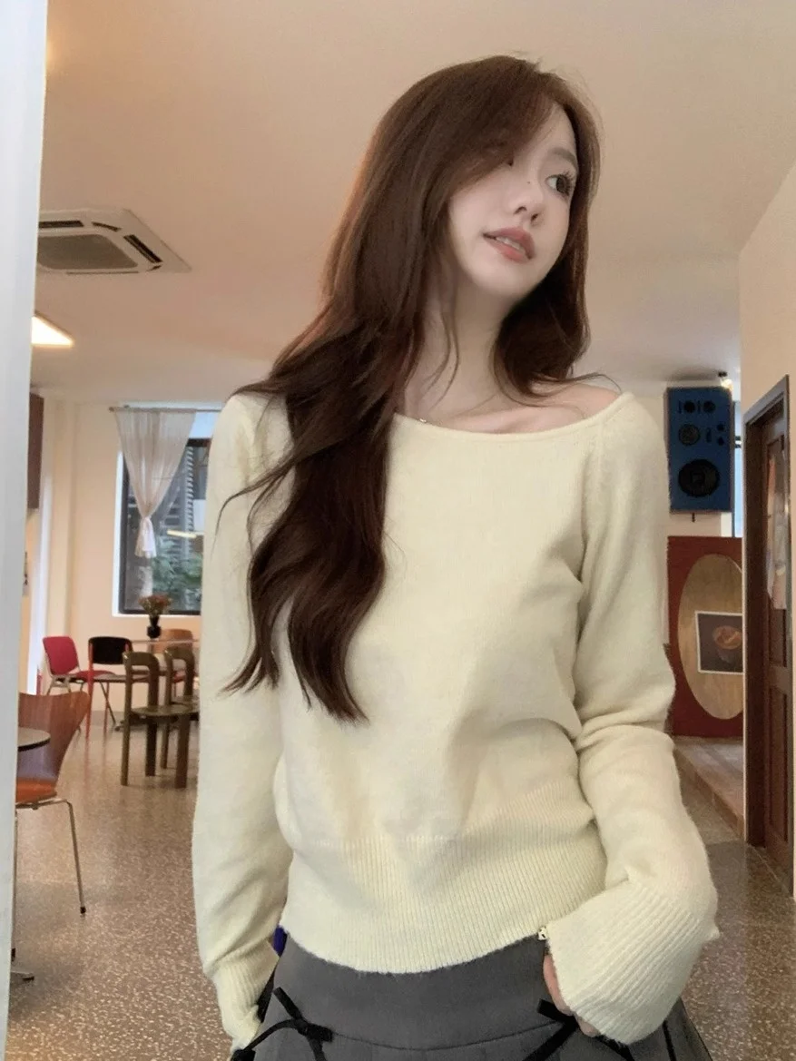 Kumikumi Sweet Elegant Oblique Shoulder Long Sleeves Knitwear Women's Spring Slim-Fit Bottoming Shirt Versatile Pullover Top