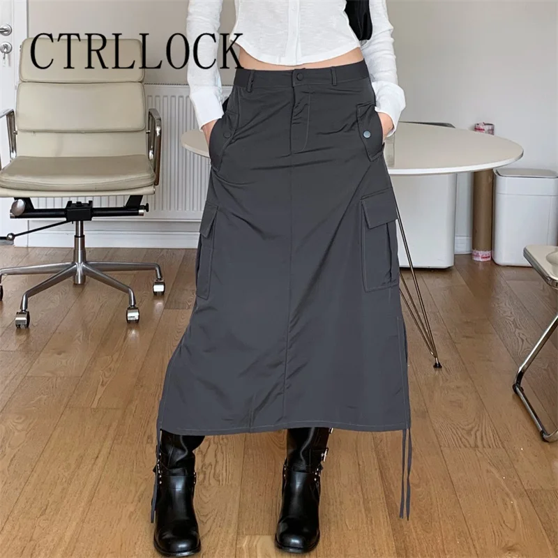 

CTRLLOCK Grunge High Waist Anklelength Skirt For Women Side Pockets Drawstring A-line Skirts