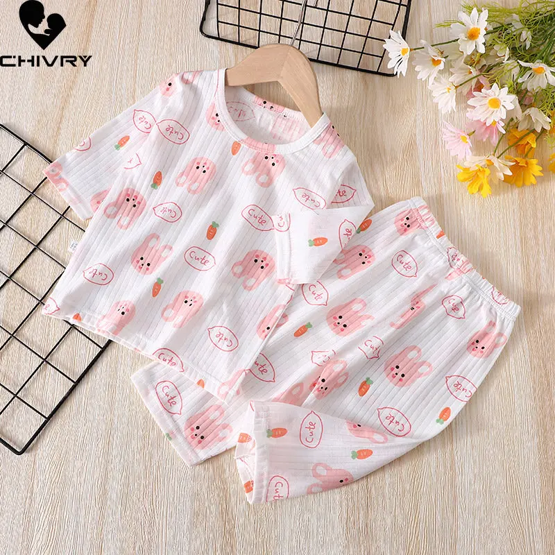 

Kids Summer Thin Soft Pajamas New 2023 Boys Girls Cartoon Three-quarter sleeve T Shirt Tops with Pants Baby Sleepwear Loungewear