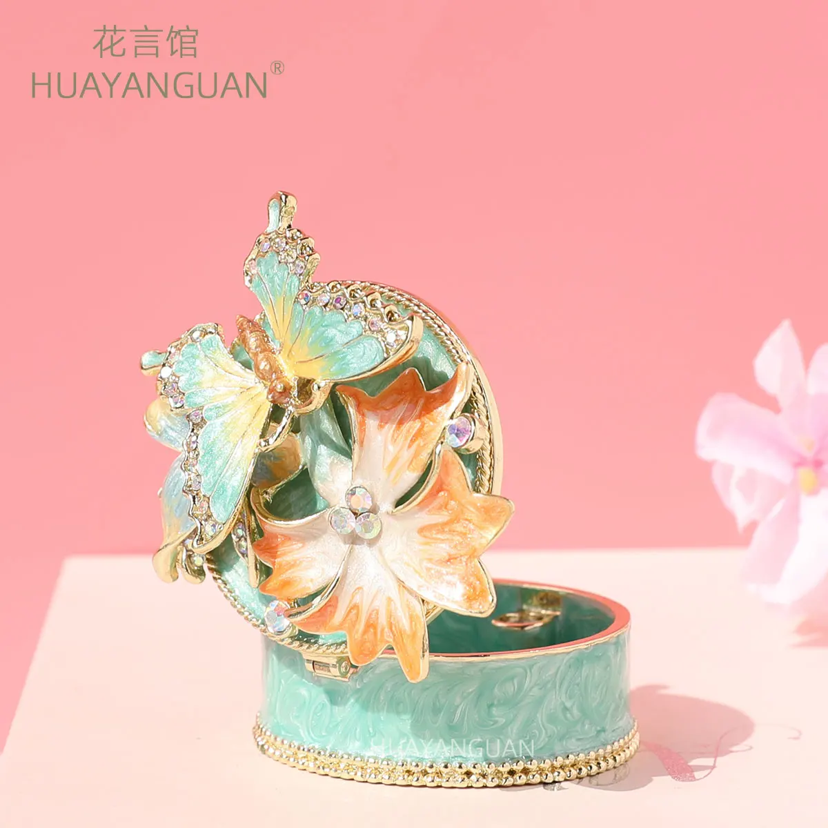 Chinese Style Butterfly Floral Jewelry Box Painted Rhinestone Storage Decorative Ornament Flower Box Home Decor