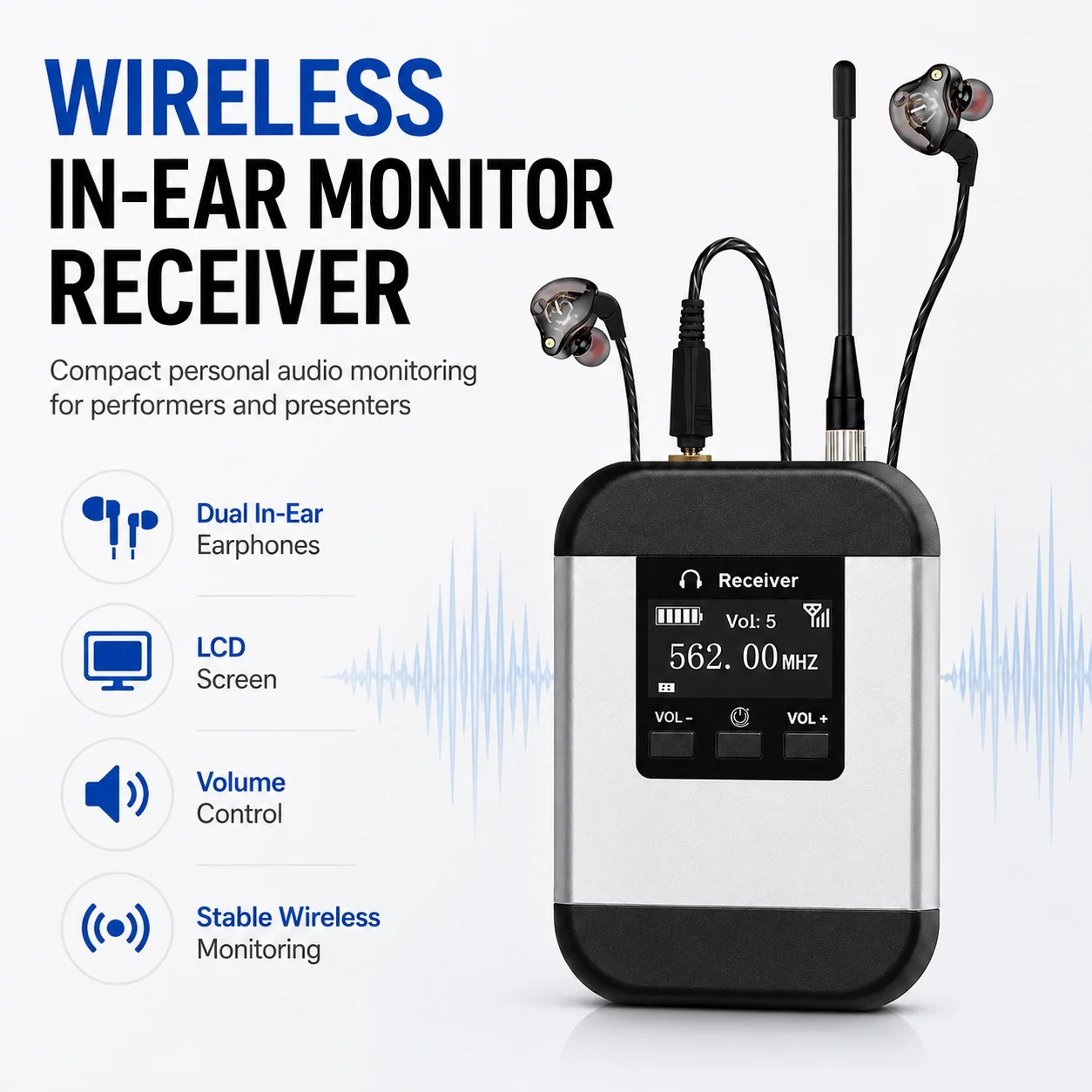 In-ear wireless monitoring system receiver, stage earphone monitoring, noise reduction, long battery life, plug and play