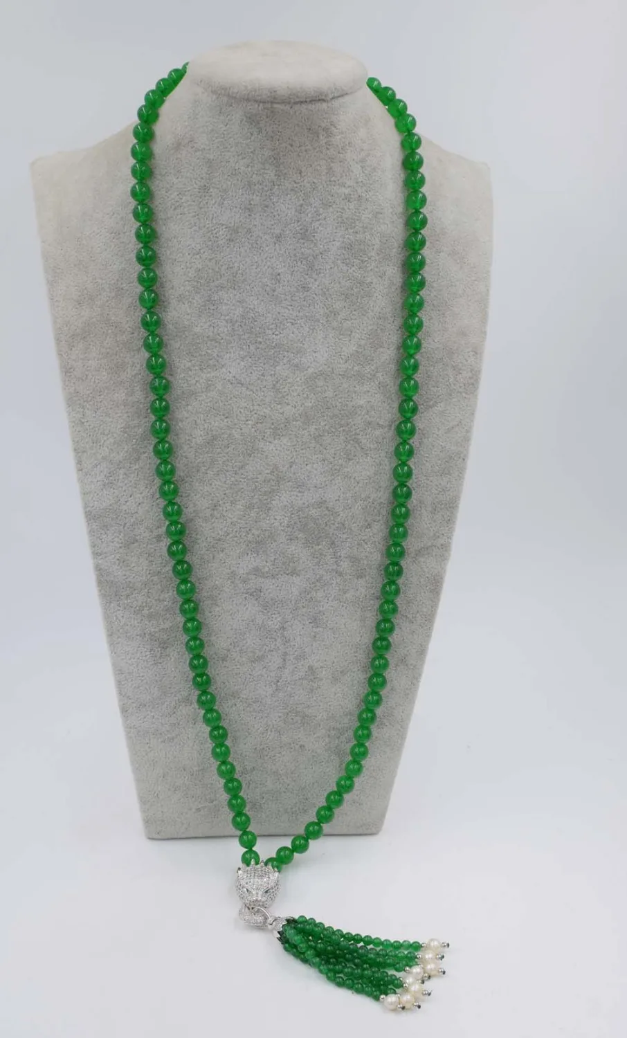 NEW green jades round 8mm leopard clasp necklace 35inch wholesale beads nature woman