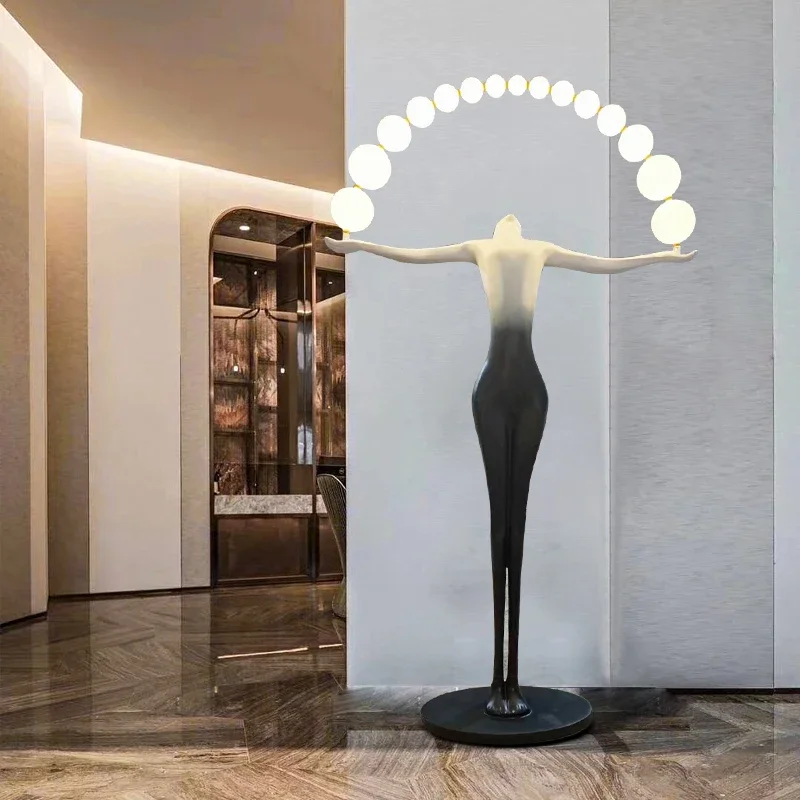 

Postmodern humanoid sculpture holding ball floor lamp, creative large human standing in hotel lobby and living room