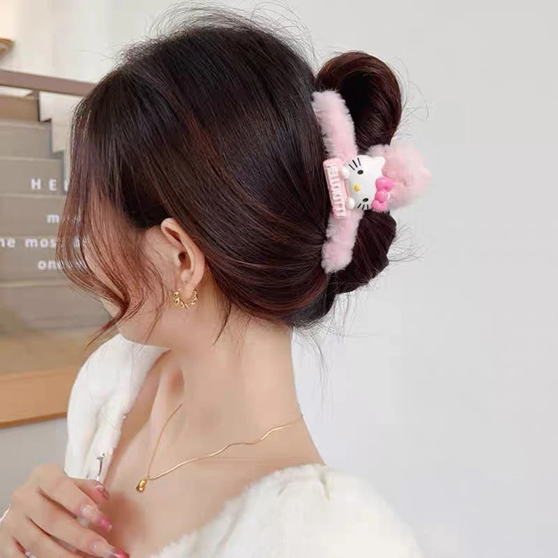 Kawaii Sanrio Hello Kitty Large Hairpin Kuromi Cinnamoroll Korean Candy Pink Girl Sweet Shark Clip Plush Hair Accessories Gifts