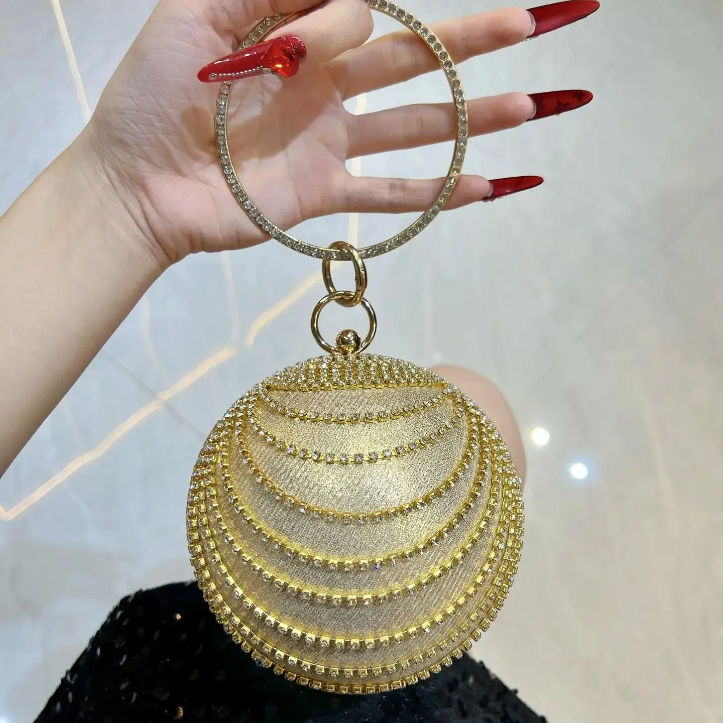 

New Rhinestone Evening Handbag for Women, Round Ball Clutch with Crystal Bracelet, Versatile Shoulder Crossbody Bag for Wedding