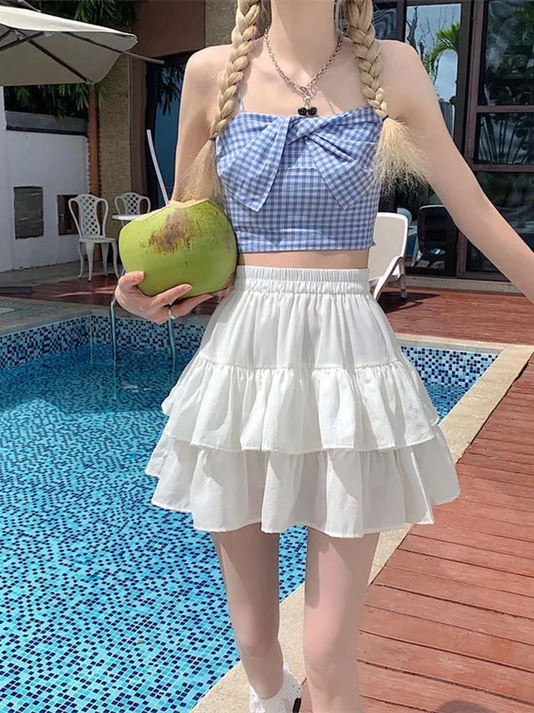 Pleated A-line Skirt White Women Ruffles Sweet Hottie Preppy Style Elastic Elastic Waist Slim Thin SimpleCasual Summer Wholesale