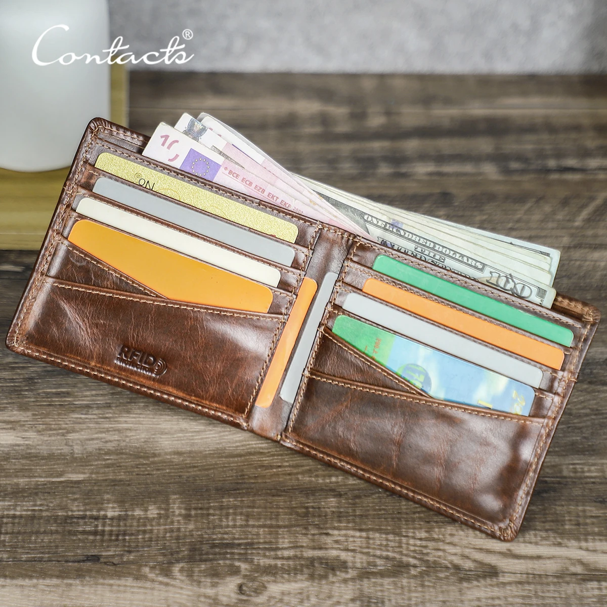 CONTACT'S Genuine Leather Short Wallets for Men Full Grain Leather Pocket Wallets Coin Purse Money Clip Card Holders Mini Wallet
