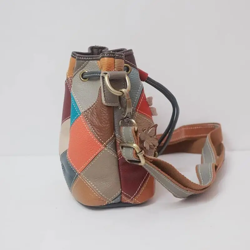 LOMANTINA Colorful Butterflies Genuine Leather Bucket Bags For Girls High Quality Designer Small Crossbody Messenger Bag Tote