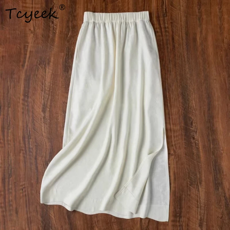 Tcyeek 100% Real Silk Skirts for Women 2026 Spring Summer Elastic Waist Graceful Elegant Skirt Women Clothes Faldones Para Mujer