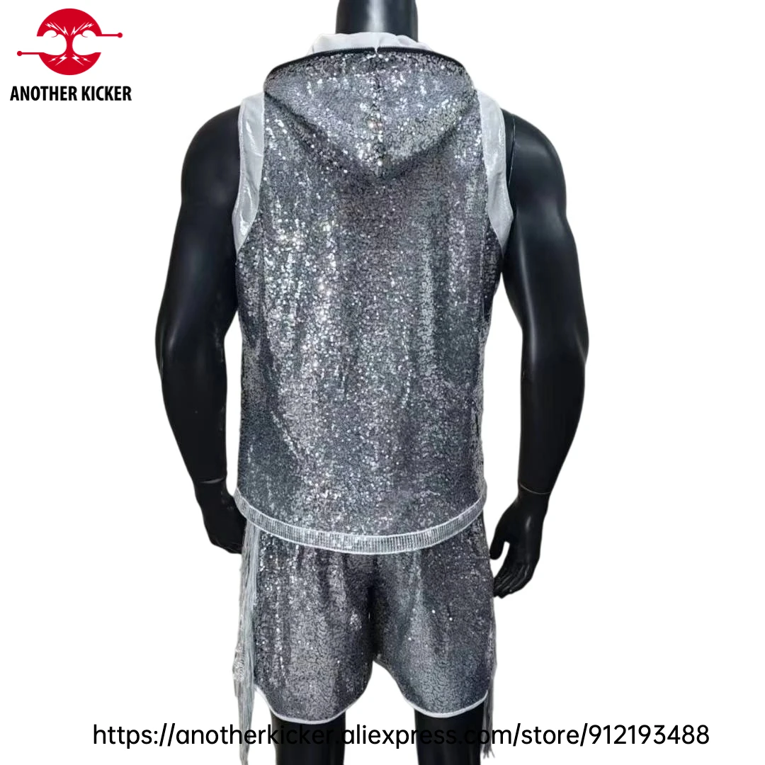 Boxing Robe & Shorts Set Sleeveless Hooded Boxing Gown Fringe Sequin Muay Thai Shorts Stylish Gear for MMA Training Performances