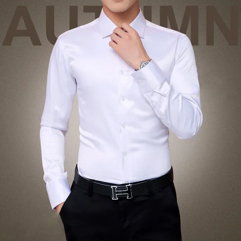 

Plus Size 5XL 2023 New Men's Luxury Shirts Wedding Dress Long Sleeve Shirt Silk Tuxedo Shirt Men Mercerized Cotton Shirt