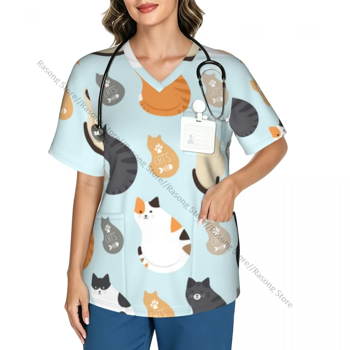 Women V Neck Scrub Top Cats Background Short Sleeve Nurse Hospital Uniforms Female Spa Beauty Salon Working Clothes with Pocket