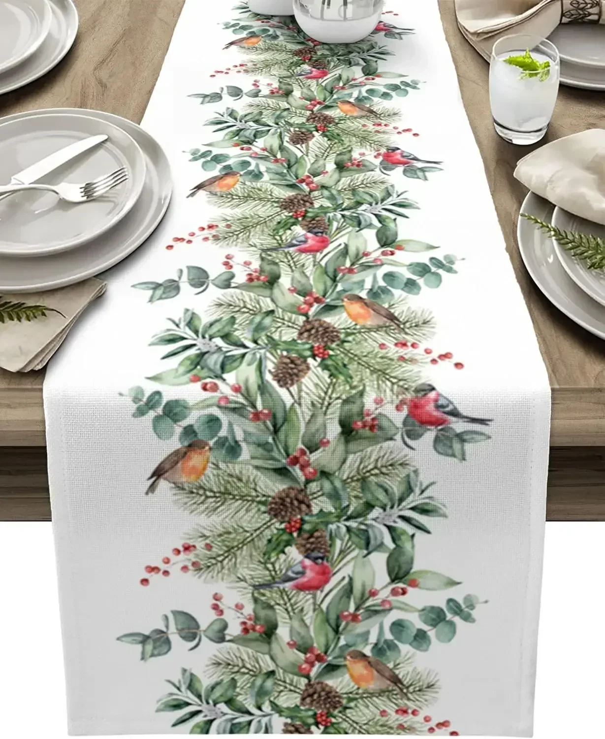 Christmas Berry Green Plant Pine Linen Table Runner Party Decor Reusable Winter Kitchen Dining Table Runner Navidad Decorations
