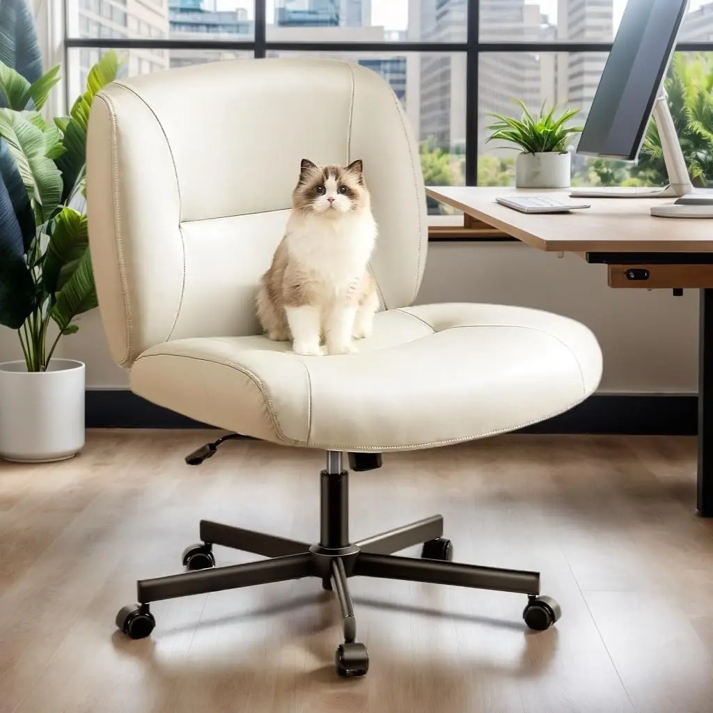 

Criss Cross Chair with Wheels, Wide Mid-Back Comfy Armless Office Chair, Scratch-Resistant PVC Leather Cross Legged Desk Chair,