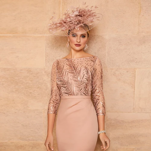 Imagen 2 del producto Vestidos de novia de lujo con hombros descubiertos, vestidos de fiesta de boda encantadores de tres cuartos, vaina rosa con flores y cinturón