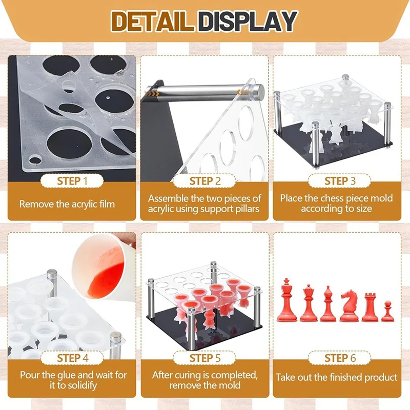 PWS Chess Piece DIY Kit Include 1 Chess Piece Holder And 16 Chess Molds For Epoxy Resin Metal Holder Chess Molds