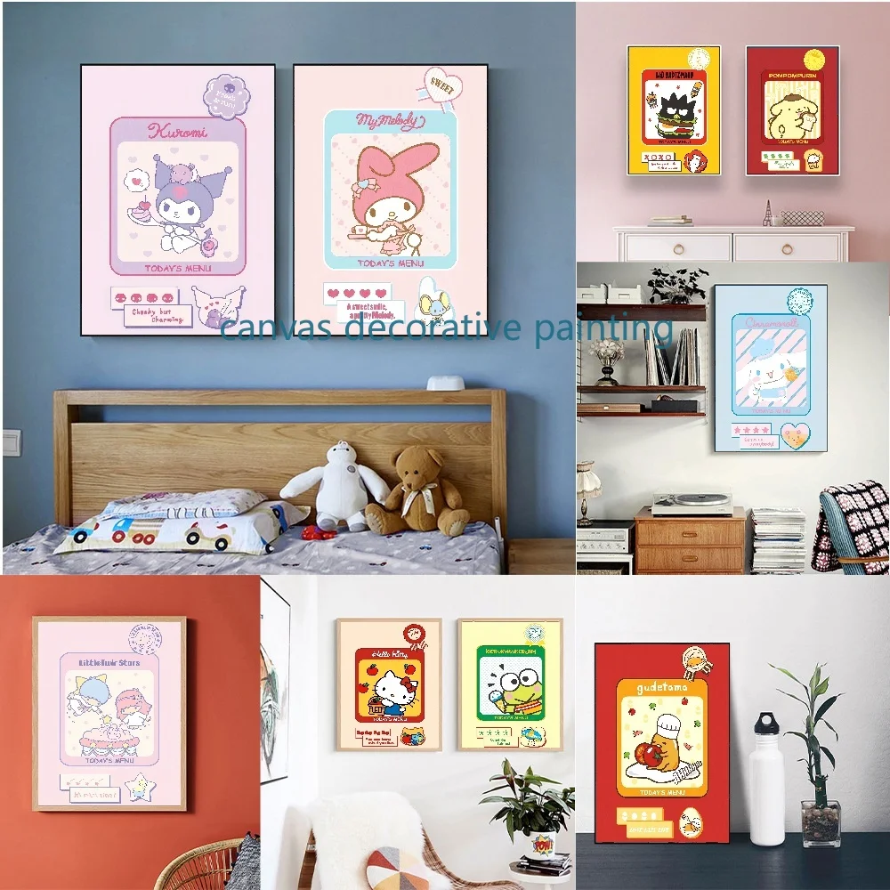 

MINOSO Sanrio Canvas Painting Kawaii Hello Kitty Kuromi Anime Cartoon Picture for Girls Room Bedroom Home Decor HD Poster Wall