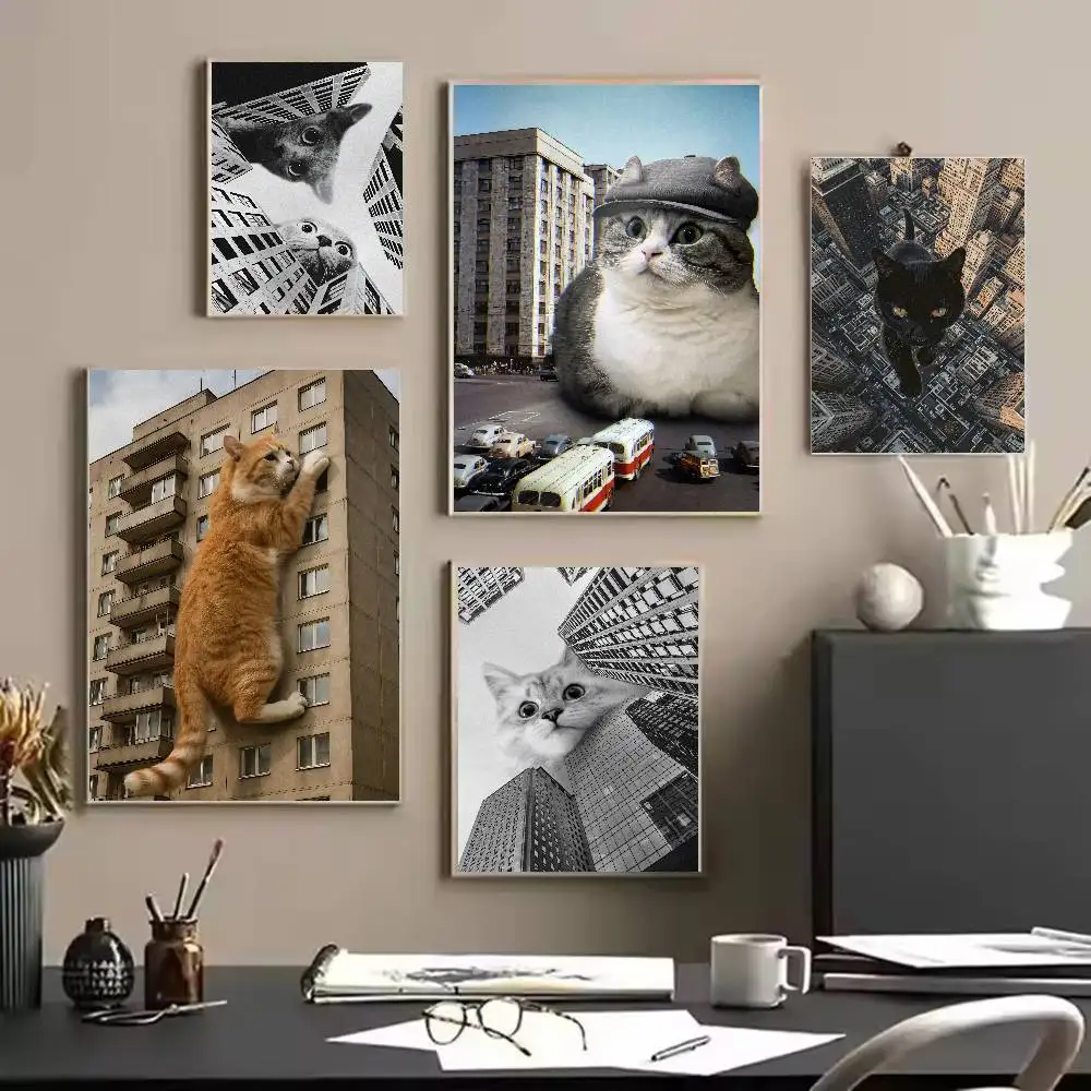 Giant Cat City Destroy Poster, Funny Meme Kitty Wall Art Print, Surreal Huge Cat Urban Building Scenery Poster for Room Decor