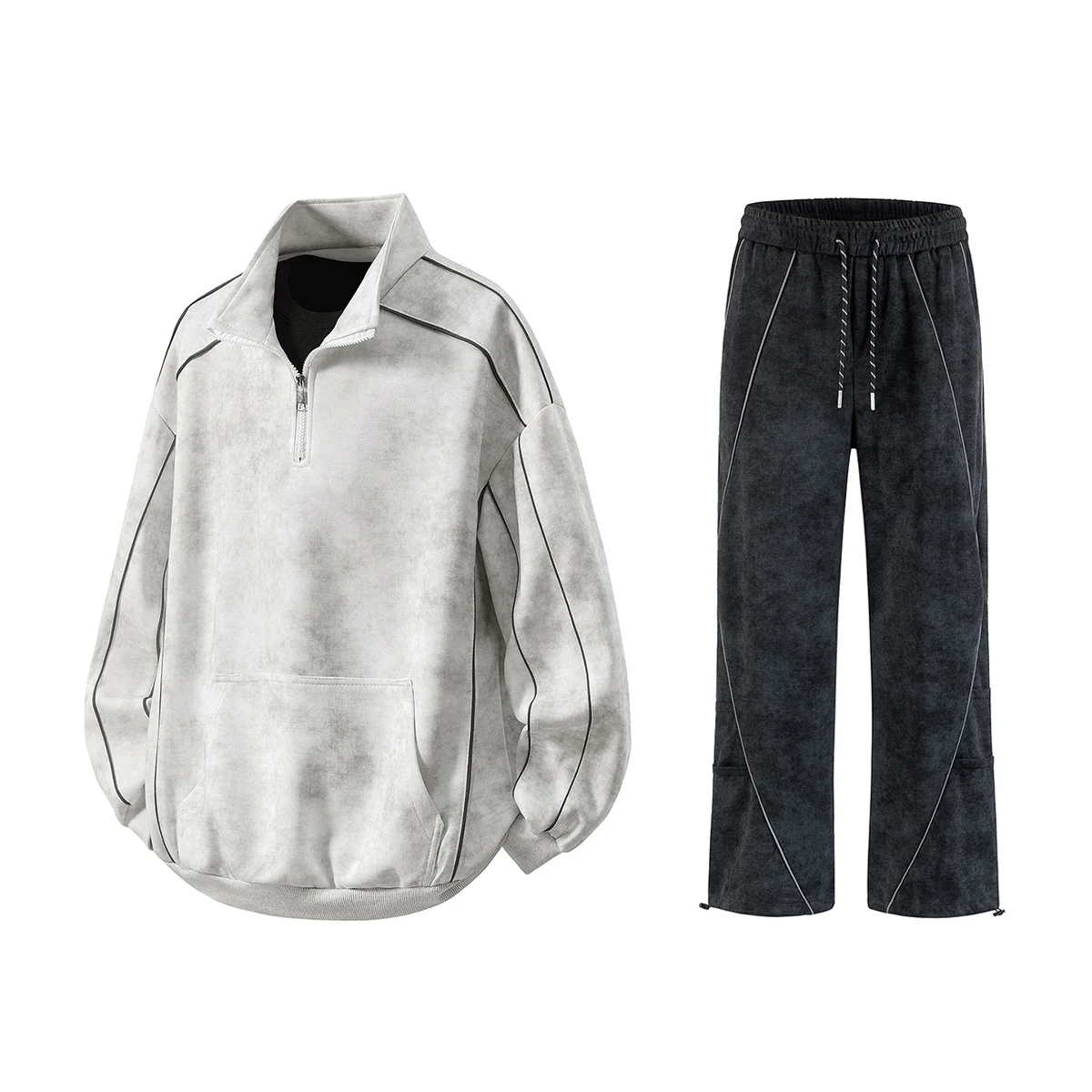 Mens Outdoor Sport Set Stand Collar Pullover Sweatshirt Straight Loose Casual Pants Tie Dye Patchwork Design Athletic Wear