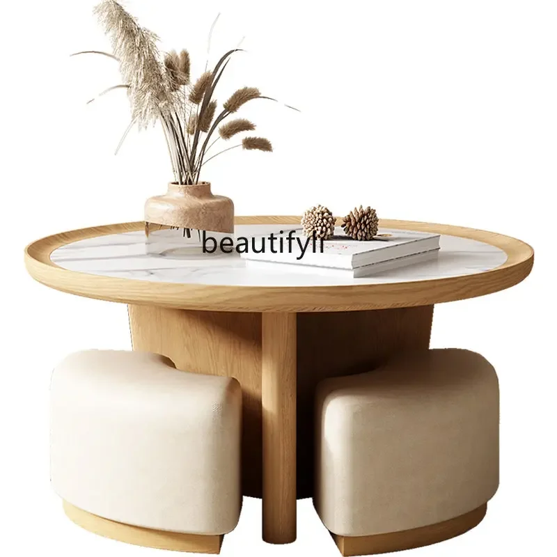 

zq Nordic Solid Wood Coffee Table Living Room Home Small Apartment round Stone Plate Small Table Coffee Table Stool Combination