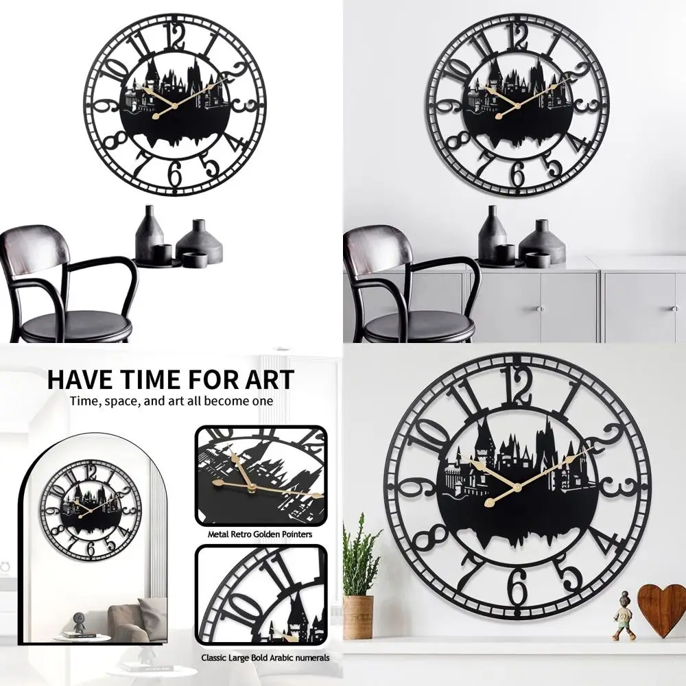 

Vintage-Style Large Metal Wall Clock, Black Castle Design with Gold Hands, Silent Battery-Powered, 24x24 Inches, Ideal for Home