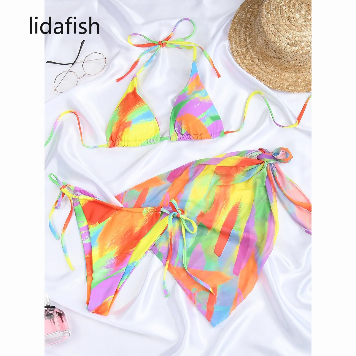 lidafish NEW Women Swimsuit Push Up Sexy Thong Bathing Suit Lace Up Triangle Bikini Set Beachwear Biquini Three Piece Suit