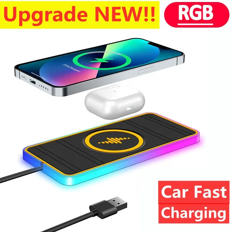 15W Car Wireless Charger Pad RGB Silicone Non Slip Stand for iPhone Samsung Xiaomi Phone Chargers Dock Car Fast Charging Station